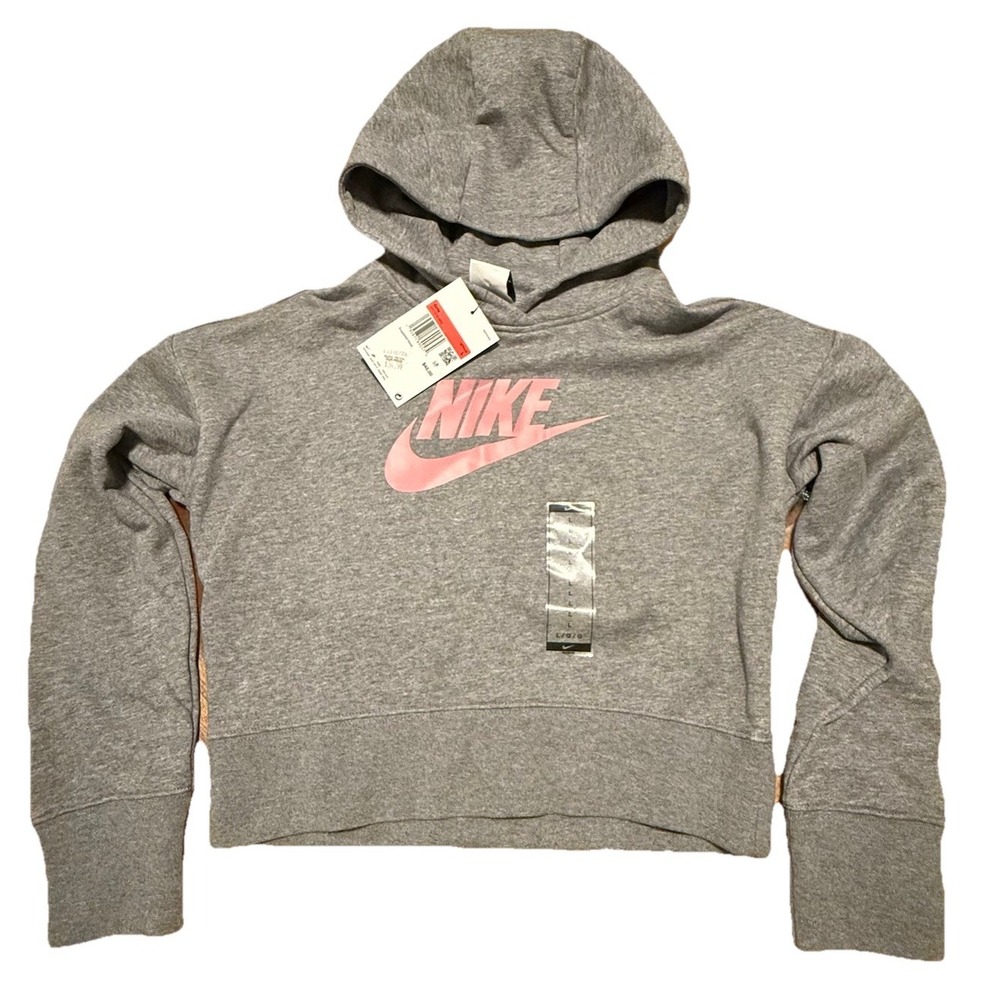 NWT Nike Girls Large‎ Pullover Hoodie Cropped Nike Air Grey Pink Swoosh DC7210 - Picture 2 of 5